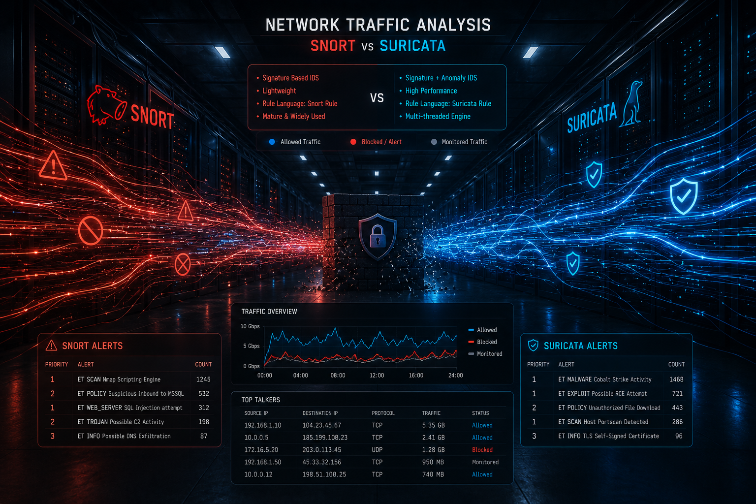 Snort vs Suricata comparison illustration